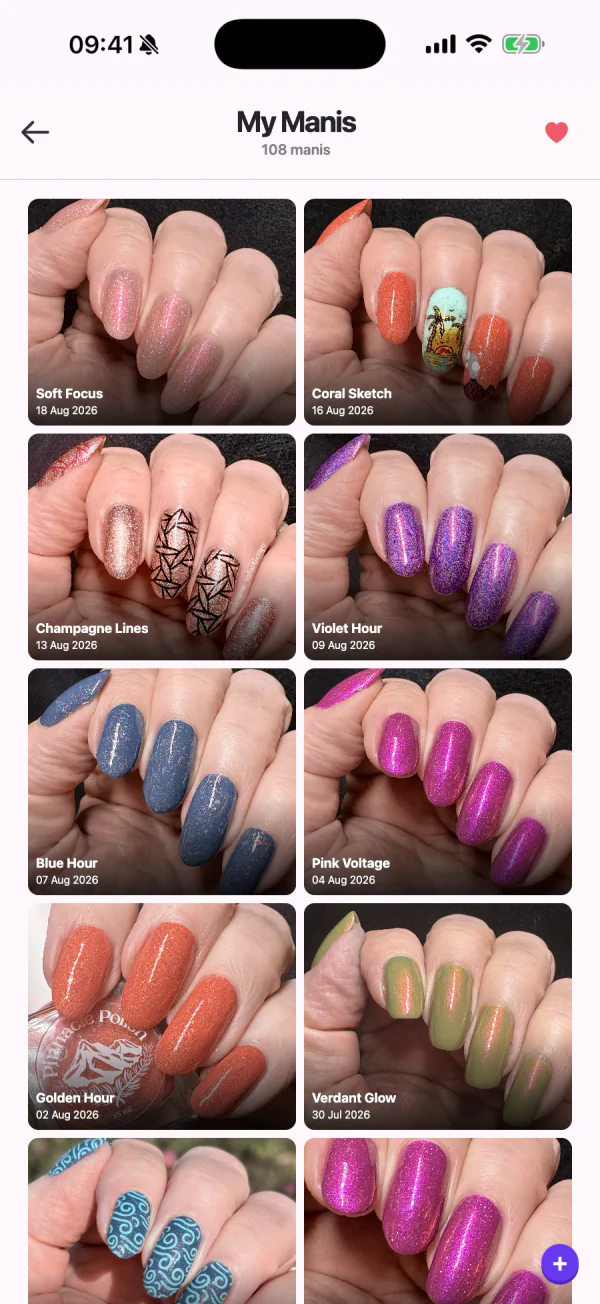 LacquerStash My Manis screen with anonymized manicure titles