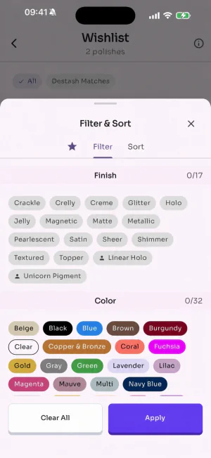 LacquerStash Wishlist with finish and color filters